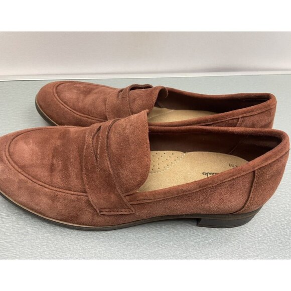 WOMEN'S Clarks Ultimate Comfort Brown Suede Penny Loafers Size 6.5 Flats Shoes - Picture 4 of 15